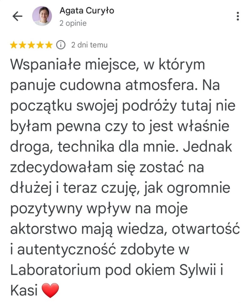 Opinia Agaty Curyło o przyjaznej atmosferze, empatii i autentyczności w Laboratorium Meisnera