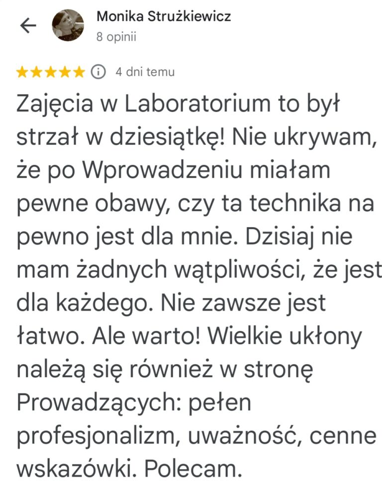 Opinia Maryli Stawikowskiej o profesjonalizmie i rozwoju podczas zajęć w Laboratorium Meisnera