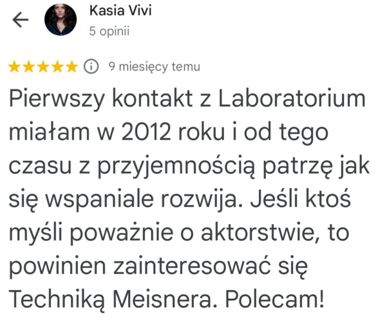 Opinia Kasi Vivi o rozwoju i pasji do aktorstwa w Laboratorium Meisnera