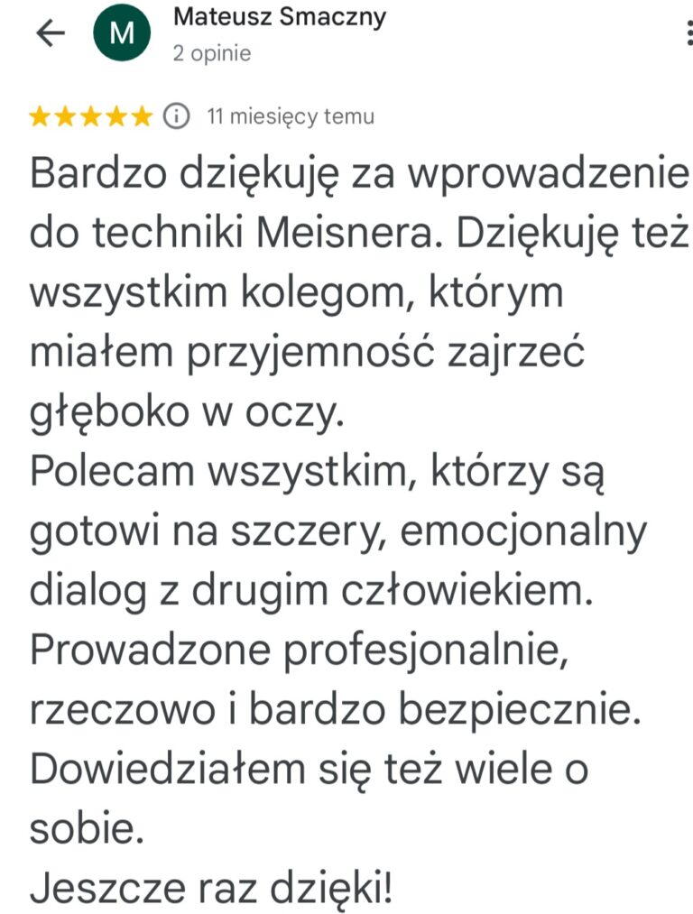 Opinia Mateusza Smacznego o ćwiczeniach partnerskich podczas Wprowadzenia do Techniki Meisnera