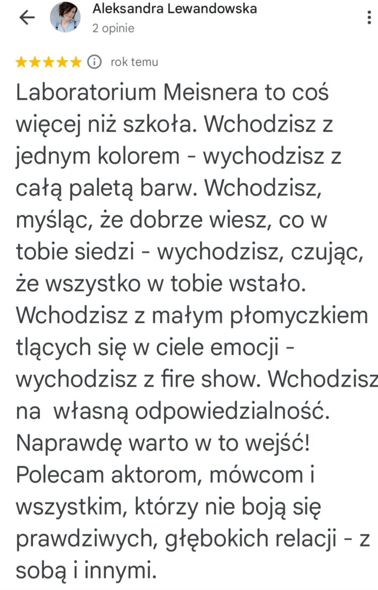 Opinia Aleksandry Lewandowskiej o otwartości i odpowiedzialnej pracy aktorskiej w Laboratorium Meisnera