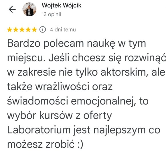 Opinia Wojtka Wójcika o rozwoju aktorskim i świadomości emocjonalnej w Laboratorium Meisnera