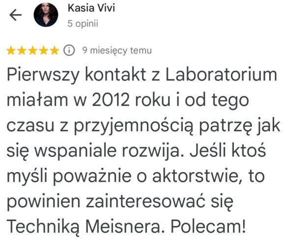 Opinia Kasi Vivi o rozwoju i pasji do aktorstwa w Laboratorium Meisnera