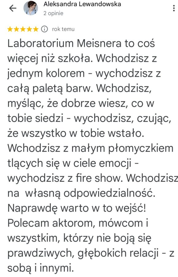 Opinia Aleksandry Lewandowskiej o otwartości i odpowiedzialnej pracy aktorskiej w Laboratorium Meisnera